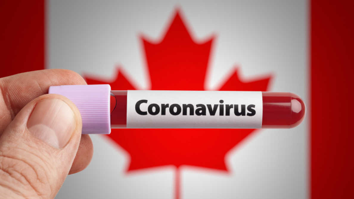 A testing tube that says 'Coronavirus' on it with a previously collected sample inside, and against a Canadian Flag. Represents the impact COVID has and will continue to have on immigration to Canada